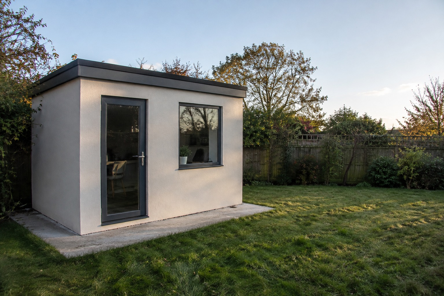Studio de jardin Annexa de 9 m², ossature bois et enduit clair, posé sur sa dalle dans un jardin de Haute-Garonne