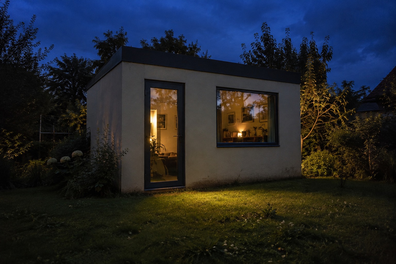 Studio de jardin Annexa éclairé au crépuscule, dans un jardin