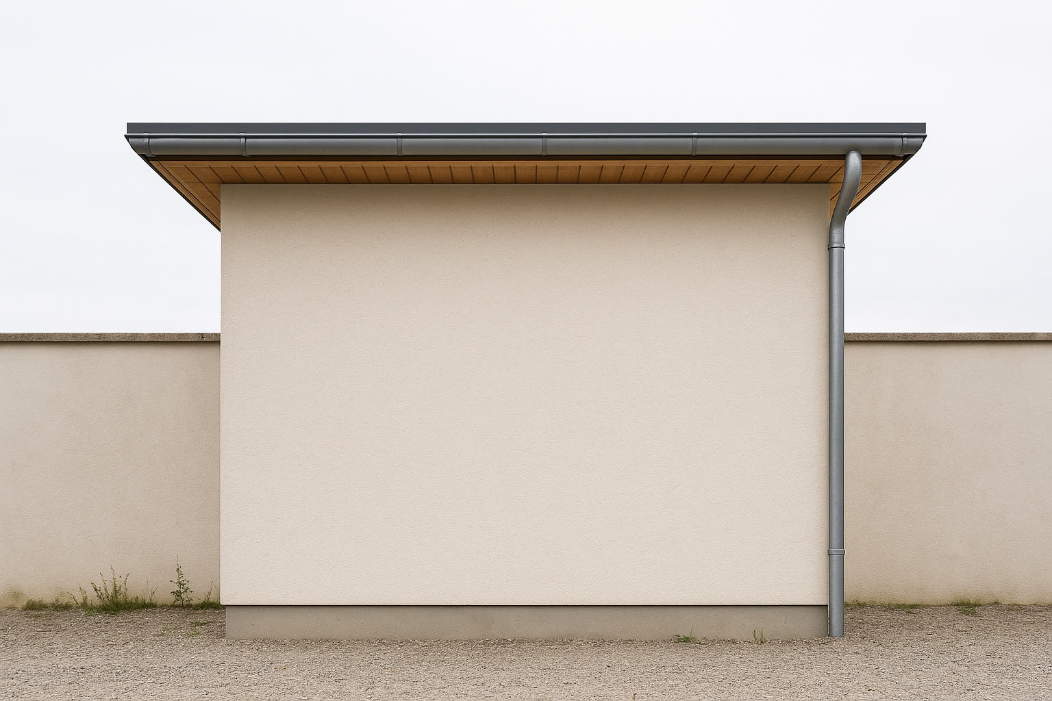 Façade enduite du studio de jardin Annexa de 9 m², enduit monocouche finition grattée posé sur une couche d'interposition armée, gouttière et évacuation des eaux