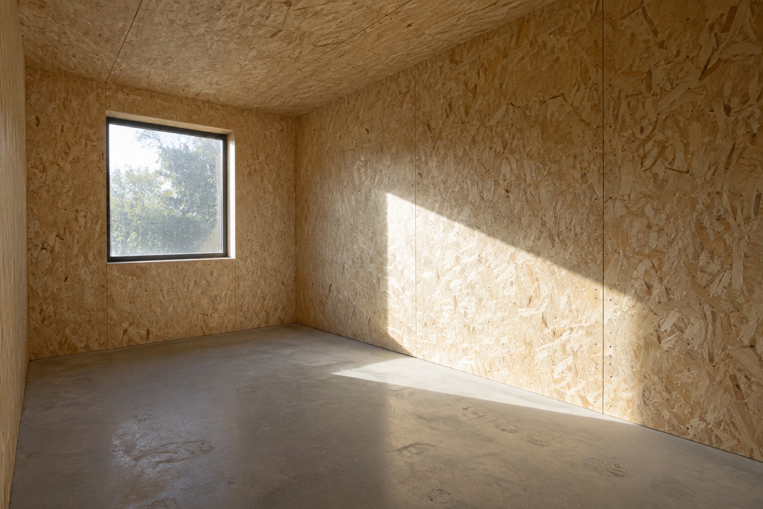 Intérieur du studio de jardin : murs et plafond plaqués OSB 3 de 18 mm, prêts à peindre
